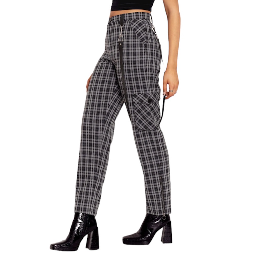 Blackmilk Women Sz 14 Tartan Grey Zip Cargo Plaid Black White Straight Leg Pants
